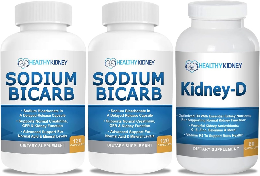 Bicarbonato de sodio 650 mg cápsulas para el alivio ácido, Alkalinity 120 pastillas 2-Pack + Kidney-D Suplemento. Vitamina D Optimizada para el Apoyo al Riñón.