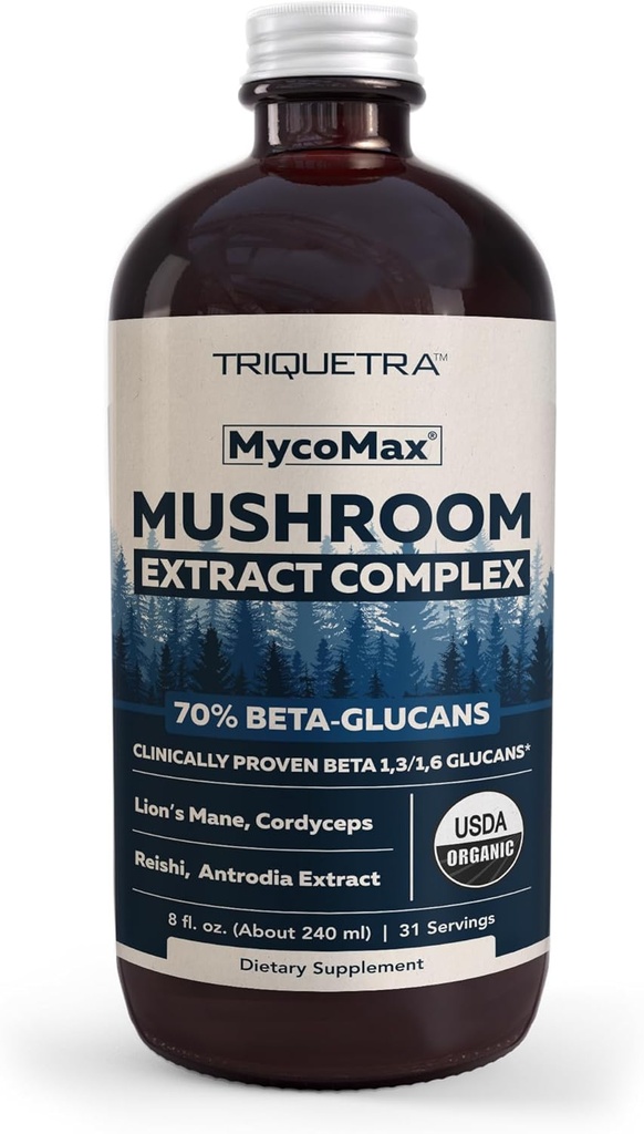 MycoMax Mushroom Complex - 70% Beta Glucans, Max Potency Mushroom Suplemento, US Grown + Extracción Ultrasónica - Lions Mane, Cordyceps, Reishi &amp; More - promueve la Cognición, inmunidad, energía - 8 oz.