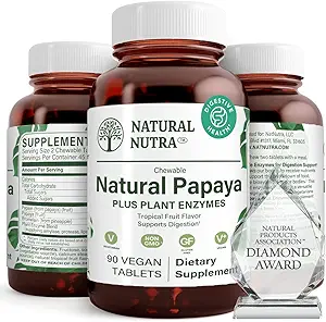 Natural Nutra Papaya Chewable Enzymes for Digestion and Body Cleanse - Supports Digestive Health, Ease Gastrointestinal Discomfort - Nutrient Absorption and Reduces Bloating - 90 Vegan Tablets