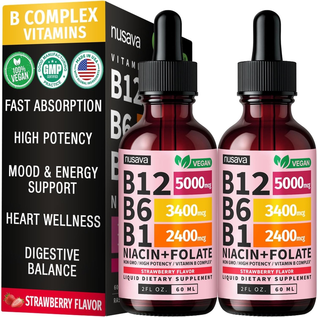 (2 Pack) Vitamina B12 y B6 Liquid Drops, B12 Sublingual Vitamina B Complejo - B 12 Vitamina 5000mcg - B12 Metilcobalamina for Energy, Brain y Heart Support con 27.200 mcg, Strawberry, 80 Servings