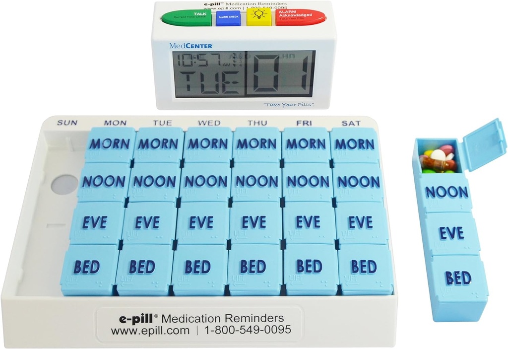 e-Pill 4 veces al día x 7 días Gran organizador semanal de píldoras, vitamina y medicina Pillbox - con 4 recordatorios de conversación de alarma