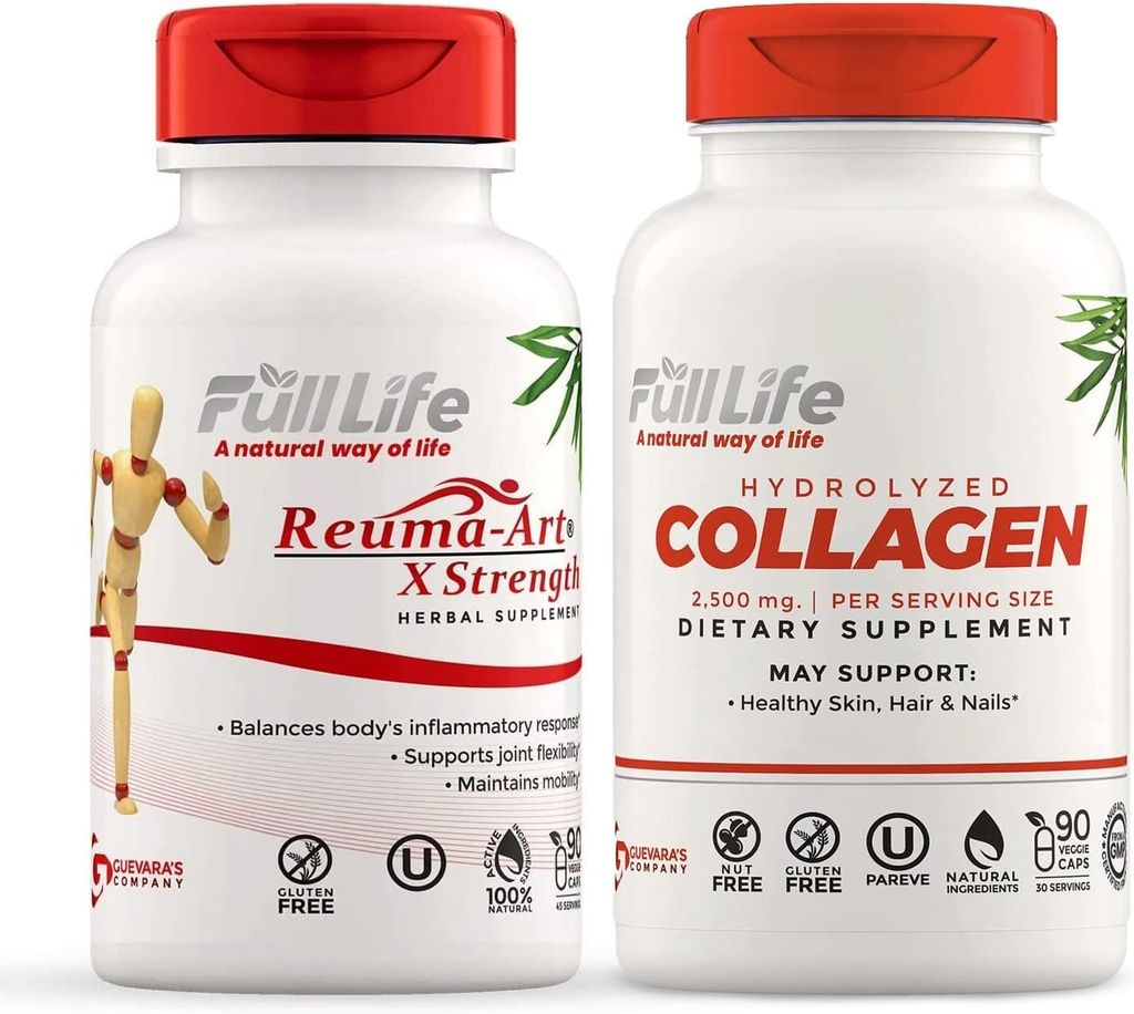 Full Life Reuma-Art X Strength and Hydrolyzed Collagen - Joint Support Supplement - Bovine Collagen Pills - Kosher, Gluten-Free - 90 Veggie Capsules Cada uno