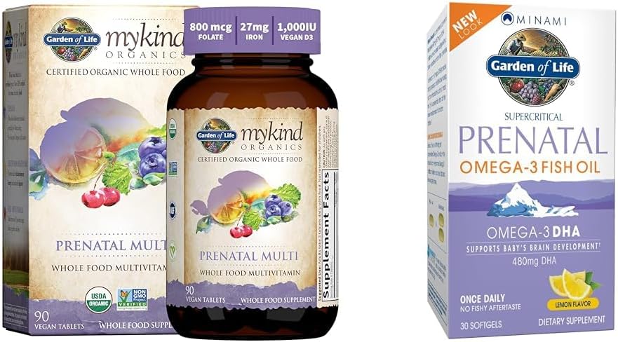 Jardín de la vida Multivitamina prenatal de las mujeres con vitamina D3, B6, B12, C & Iron & Minami Natural Prenatal DHA Omega 3 Suplemento de aceite de pescado Softgels, Lemon, 30 Cuenta