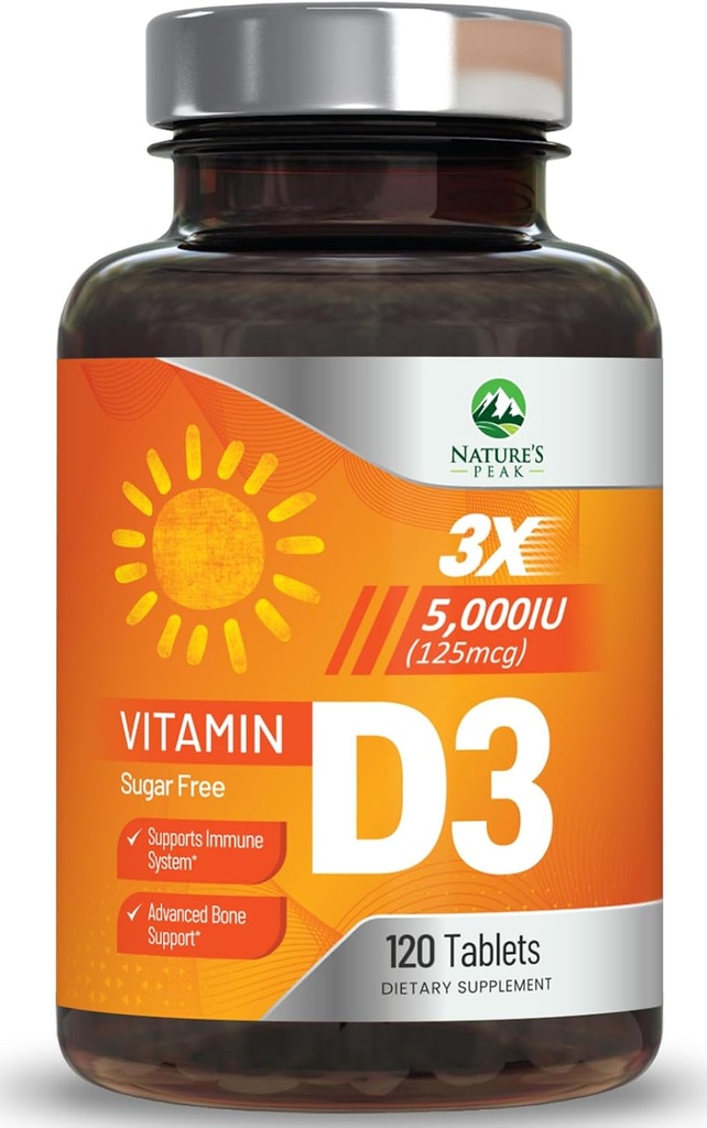 Vitamina D3 5000iu (125 mcg) Apoyo a la salud inmune - Suplemento dietético de alta potencia Vitamina D para el hueso, dientes, musculo - VIT de la naturaleza, vegano, sin gluten, Sabor de frambuesa - 120 Tablas Chewable