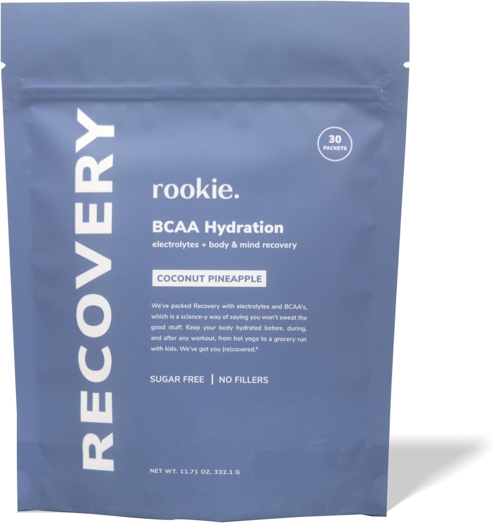Rookie Wellness Recovery BCAA - Electrolyte and BCAA Powder with 5 g of Branched Chain Amino Acids for Muscle Recovery, Electrolytes for Hydration, < Sólo 10 Calories (30 Servings, Coconut Pineapple)