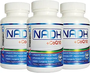 MAAC10 NADH + CoQ10 Tablas Chewable (3-Pack - 180 Tablets) Silencio 50mg PANMOL® NADH + 100mg CoQ10 Apoyo Fatiga, Energía y NAD+, No GMO, Gluten Free, Vegetariano (3 Mes de Suministro)