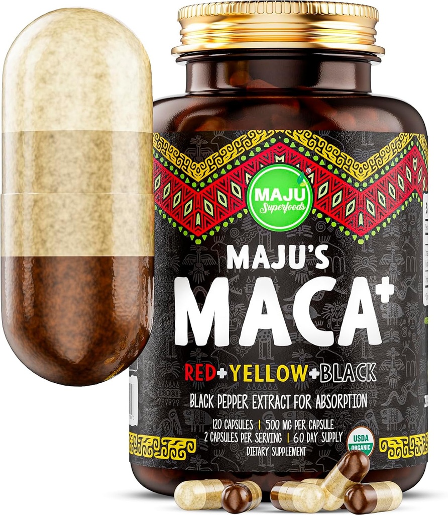 Maju Superfoods 4-in-1 Maca Root Capsules, Ecológico Negro, Amarillo &amp; Red Roots w Black Pepper Extract for Absorption (120 ct) peru Peru Producto, Peru Powder, Men &amp; Women Suplemento, 60.000 mg