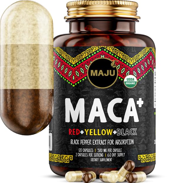 Maju Superfoods 4-in-1 Maca Root Capsules, Ecológico Negro, Amarillo &amp; Red Roots w Black Pepper Extract for Absorption (120 ct) peru Peru Producto, Peru Powder, Men &amp; Women Suplemento, 60.000 mg