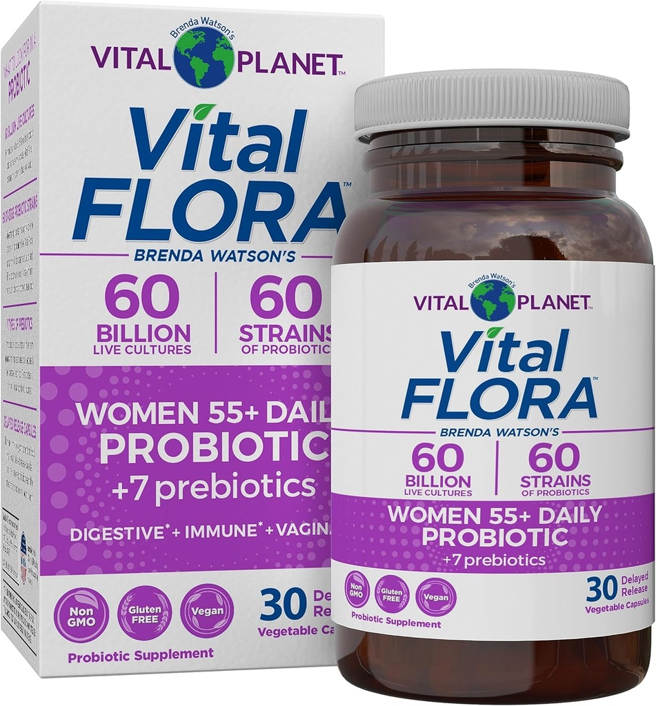 Planeta Vital - Mujeres de Flora Vital Más de 55 Probióticos Diarios, 60 Billones CFU, Strains Diversos, Prebióticos Orgánicos, Apoyo Vaginal e Inmunitario, Probióticos de Salud Digestiva para Mujeres 30 Capsules