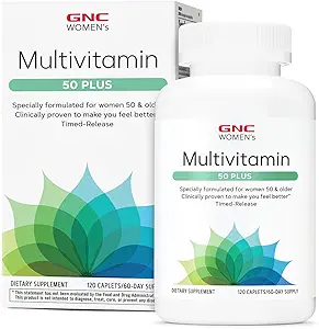 Cápsulas multivitamínicas de mujeres GNC 50 Plus, clínicamente probadas para sentirse mejor, vitamina D-3, inmuno, huesos fuertes, memoria, afeitar mental, visión, biotina, liberación de tiempo, 120 ct, 60 svgs