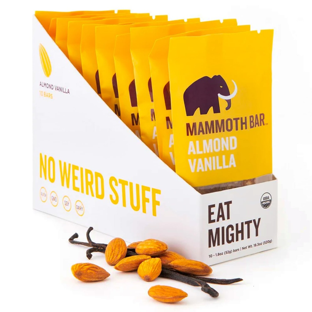 Mammoth Bar Almond Vanilla Bar - 10 Bares de Proteína Orgánica – Prebiótico • Paleo • Gluten Gratis • Egg Protein • GMO Gratis • Raw • Premium Nuts