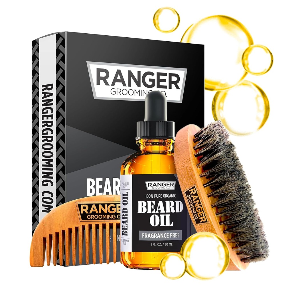 Beard Kit by Ranger Grooming Company by Leven Rose, 100% Natural Fragrance Free Unscented Beard Oil, Boar Bristle Beard Brush, Natural Wood Comb Beard Care Starter Set for Men