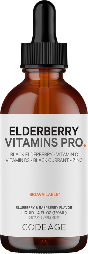 Codeage Elderberry Vitamins Pro - Organic Black Elderberry Liquid Drops - Vitamina C, D3, Zinc, Black Currant - Suministro de 2 meses - Black Sambucus Liquid - Suplemento para Adultos &amp; Niños - 4 fl oz