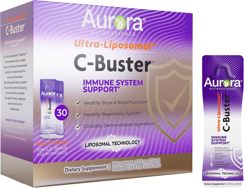 Aurora Nutrascience Ultra Liposomal C-Buster Immune System Support, Vitamina C, Vitamina D, Zinc, Elderberry, Pelargonium, Vitamina K & Ginseng, 30 Packets, 10 ML