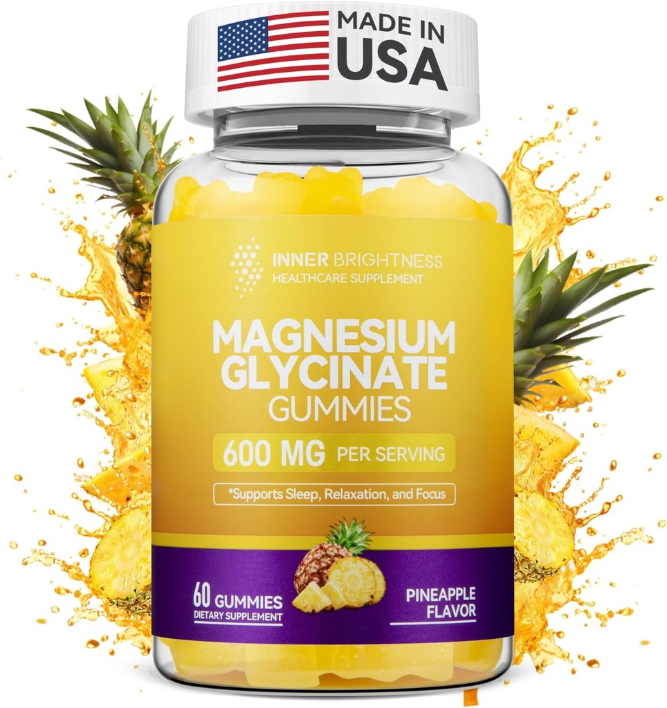 Magnesium Glycinate Gummies 600mg, Non-GMO, Gluten-Free, Magnesium Gummies for Adults &amp; Kids, Sleep, Relax &amp; Focus, Pineapple Flavor, 60 Condes