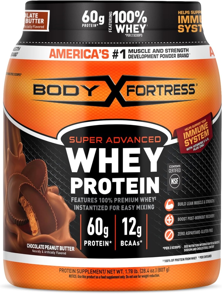 Fortaleza del cuerpo 100% Whey, Polvo Proteína Premium, mantequilla de maní de chocolate, 1,78lbs (Paquete mayo Vary)