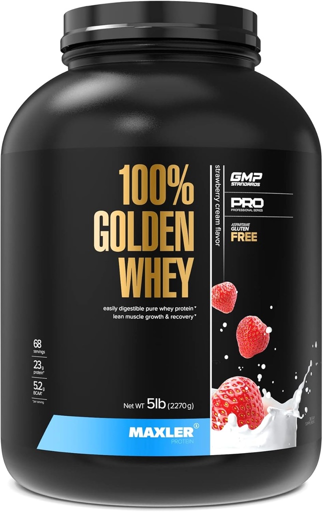 Maxler 100% Golden Whey Protein - 23g de Whey Protein Premium Powder por Serving - Pre, Post & Intra Workout - Fast-Absorbing Whey Hydrolysate, Isolate & Concentrate Blend - Strawberry Cream 5 lbs