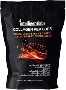Intelligent Labs Hydrolyzed Type 1 and 3 Collagen Peptide Granules, Collagen Powder Unflavored, Keto and Paleo-Friendly, Third-Party Verified For Purity, 11g per Serving, 30 Servings a Pouch