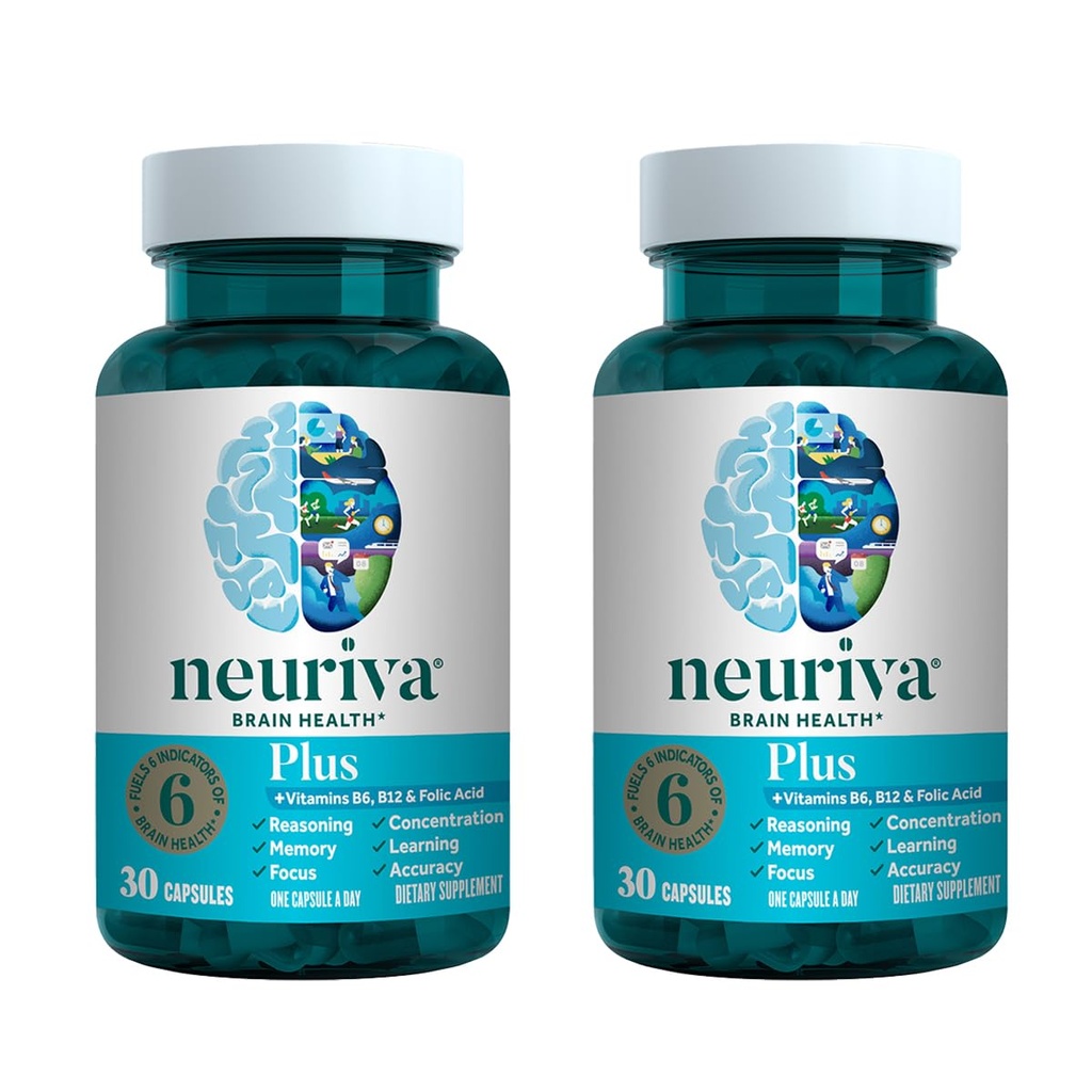 Suplemento cerebral NEURIVA Plus para memoria, concentración + función cognitiva con fosfatidilserina y neurofactor, VIT B6 &amp; B12, 30 cápsulas de cuenta (2 Pack)