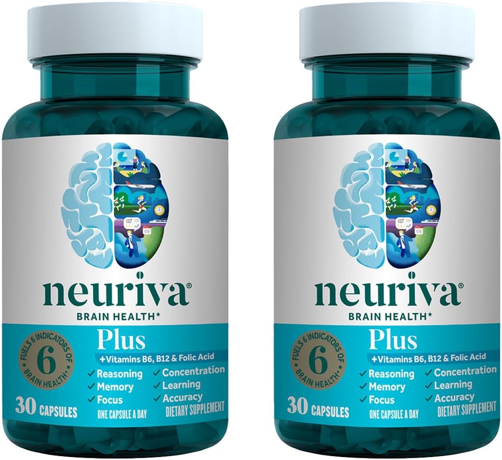 Suplemento cerebral NEURIVA Plus para memoria, concentración + función cognitiva con fosfatidilserina y neurofactor, VIT B6 &amp; B12, 30 cápsulas de cuenta (2 Pack)