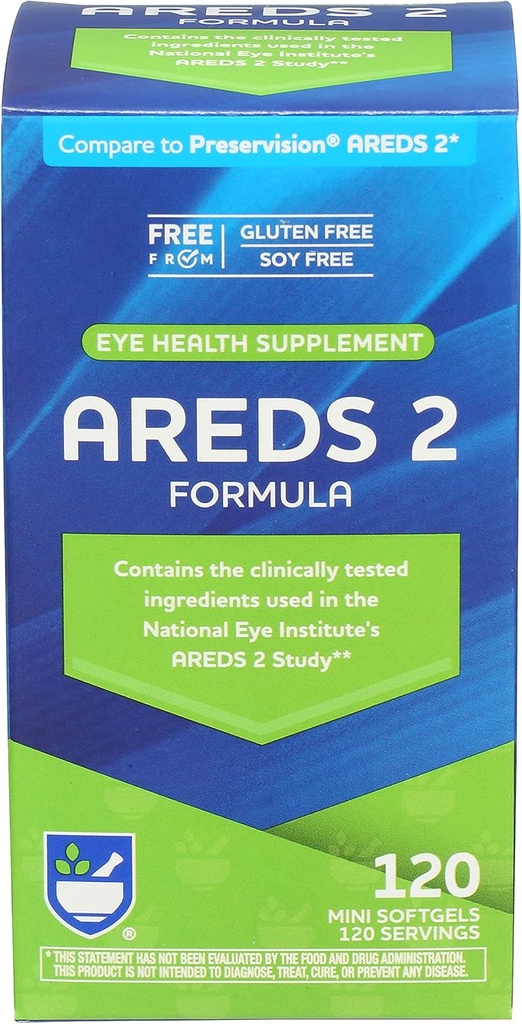 Rite Aid AREDS 2 Softgels - 120 Conteo, Soporte Macular para Salud Ocular y Visión, Contiene Luteína, Vitamina C, Zeaxanthin, Zinc &amp; Vitamina E, Libre y Libre de Soya