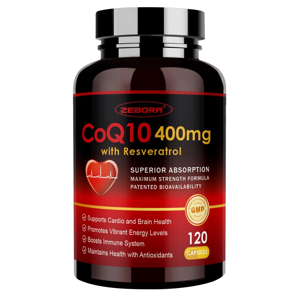 ZEBORA CoQ10-400mg con Trans-Resveratrol, PQQ & Vitamina E - Coenzyme-Q10 de alta absorción con BioPerina - Potencial antioxidante para el corazón & energía-producción,120 cápsulas vegetales