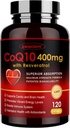 ZEBORA CoQ10-400mg con Trans-Resveratrol, PQQ & Vitamina E - Coenzyme-Q10 de alta absorción con BioPerina - Potencial antioxidante para el corazón & energía-producción,120 cápsulas vegetales