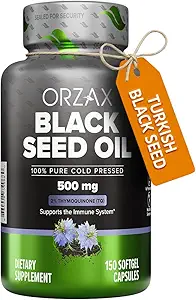 ORZAX Black Seed Oil Cold Pressed 100% Pure ← Non-GMO – Rich in Omega 3 6 9 " Thymoquinone ← Black Cumin Nigella Sativa Oil for Immune Support, Hair, Skin, Face (150 Softgel Capsules)