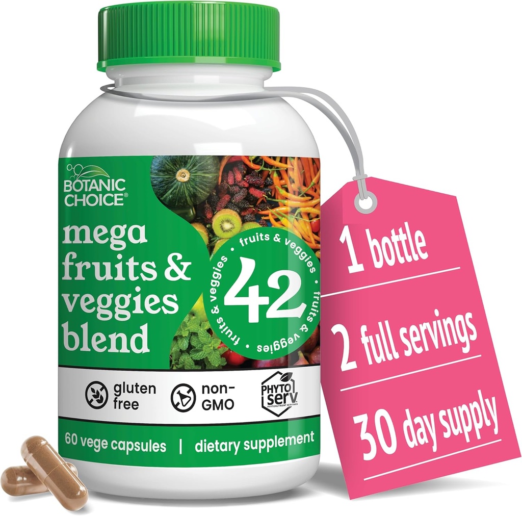 Botanic Choice Mega Fruits and Veggies Blend - 42 Fruit &amp; Vegetable Superfood Capsules - Elderberry, Chlorella, Kale - Suplementos - 60 cápsulas