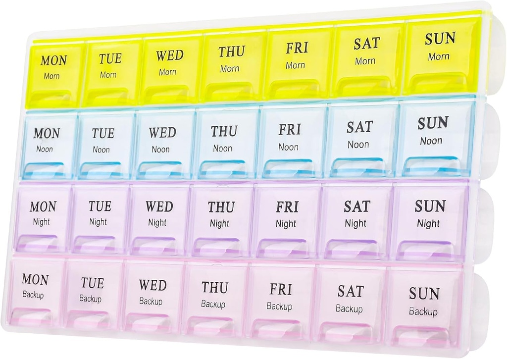 Gran organizador semanal de píldoras 4 veces al día, caja de presión de 7 días de Moisture-Proof 7 días, cajas de píldoras de viaje portátil para píldoras suplementos de aceite de vitamina pescado (amarillo)