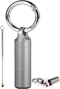 Pequeño Keychain Pill Holder, 304 de acero inoxidable caja de píldoras portátiles organizador para viajes, caja de medicamentos para los hombres depuración resistente al agua (caso de la pluma pequeña)