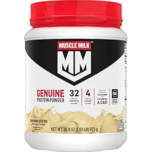 Muscle Milk Genuine Protein Powder, Banana Crème, 1.93 Libras, 13 Serviciones, 32g Proteína, 4g Azúcar, Calcio, Vitaminas A, C &amp; D, NSF certificada para Deporte, Energizante Snack, Embalaje Mayo Vary