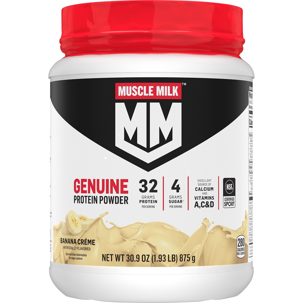 Muscle Milk Genuine Protein Powder, Banana Crème, 1.93 Libras, 13 Serviciones, 32g Proteína, 4g Azúcar, Calcio, Vitaminas A, C &amp; D, NSF certificada para Deporte, Energizante Snack, Embalaje Mayo Vary