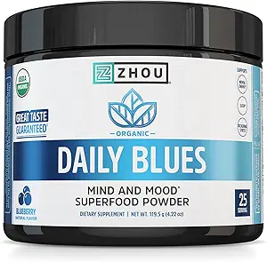 Zhou Daily Blues - Blue Spirulina Powder Organic, Blue Algae Energy Superfood Suplemento para Smoothie, Vegan Drink Mix - Blueberry Flavor, 4.22 oz (25 Servings)