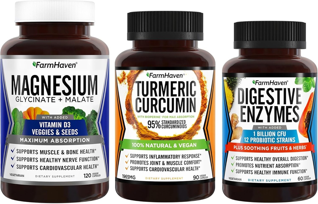 FarmHaven Magnesium Glycinate " Malate Complex w/Vitamin D3 " Turmeric Curcumin with BioPerine Black Pepper " Digestive Enzymes with 18 Probiotics " Herbs