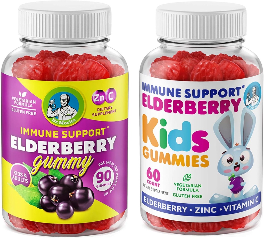 DR. MORITZ Las Gummies de Elderberry para los niños y el sistema de inmunología familiar Booster y Health Support with Black Sambucus Elderberries Extract - Vitamina y Zinc Herbal Immunity Boost Suplemento para los niños