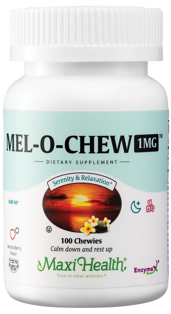 Maxi Health Melatonin 1mg Chewable - Ayuda al sueño Melatonina para fomentar el sueño natural – Suplemento No-Habit Forming con Enzymax para el soporte de acción rápida Kosher (100 Unidades)