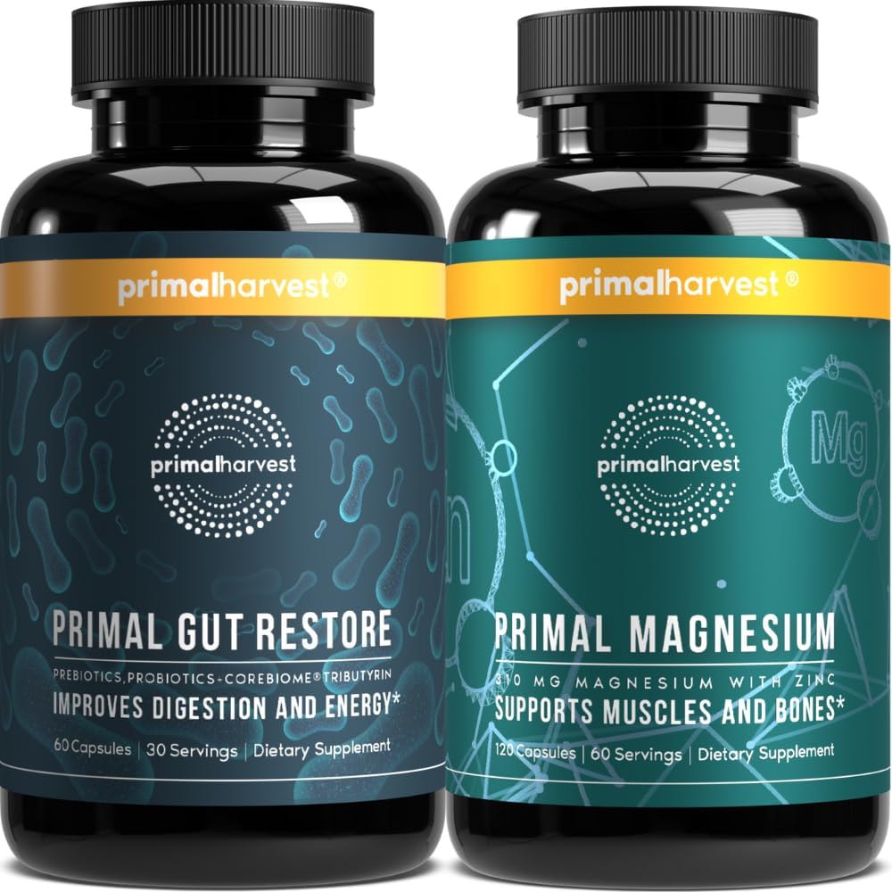 Primal Harvest Primal Gut Restore y Primal Magnesium Suplemento 2 Pack Bundle (180 cápsulas)