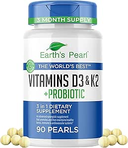 Earth's Pearl Vitamin D3 K2 5000 IU - 3-in-1 K2 D3 Vitamin Supplement with Probiotics for Women & Men, 3-Month Supply, Gut Health Supplements for Women & Men (90 CT)