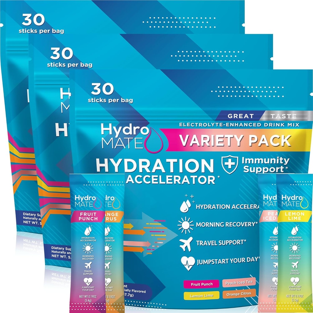 HydroMATE Electrolyte Powder Variety Pack Bulk Hydration Packets Low Sugar 90 Count