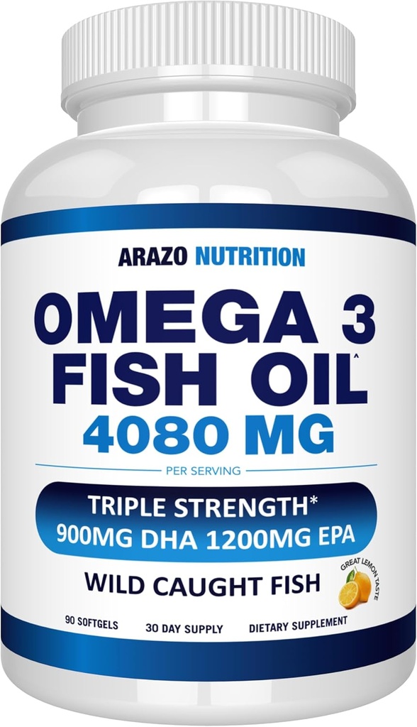 Arazo Nutrition Wild Caught Omega 3 Fish Oil – 90 Soft Gels – 4.080mg High EPA 1200mg DHA 900mg Lemon Flavor Burpless Softgels
