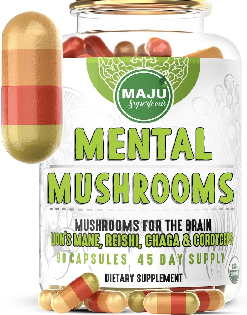 MENTAL Mushroom Capsules, Suplemento de Extracto Orgánico w / Mane de León, Cordyceps, Reishi y Chaga, Boost Your Focus, Energy, Wellness and Immune System - Nootropic Mushrooms, Immune Support 90ct