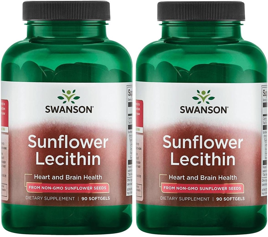 Swanson Sunflower Lecithin - Suplemento Herbal Promoción Función Cerebro Saludable - Fórmula Natural Apoyando la Salud del Corazón &amp; Saldo Lipid Saludable - (90 Softgels, 1200 mg cada uno) 2 Pack