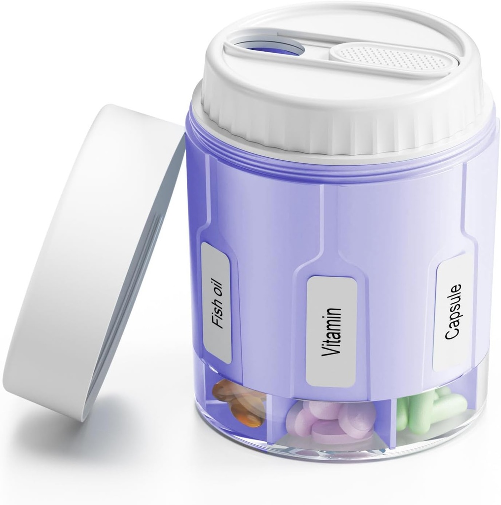 Daviky Pill Bottle Organizer, Supplement Organizer with 7 Large Compartments, Travel Pill Dispenser Round Pill Box with Two Lids（Purple）