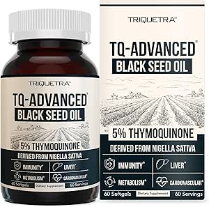 Black Seed Oil Softgels ← 5% Thymoquinone - TQ-Advanced® TEN High Potency - 500 mg por cápsula - 15:1 Concentrate from Nigella Sativa Extract, Raw Form, Vegan Formula, Glass Bottle (60 Softgels)