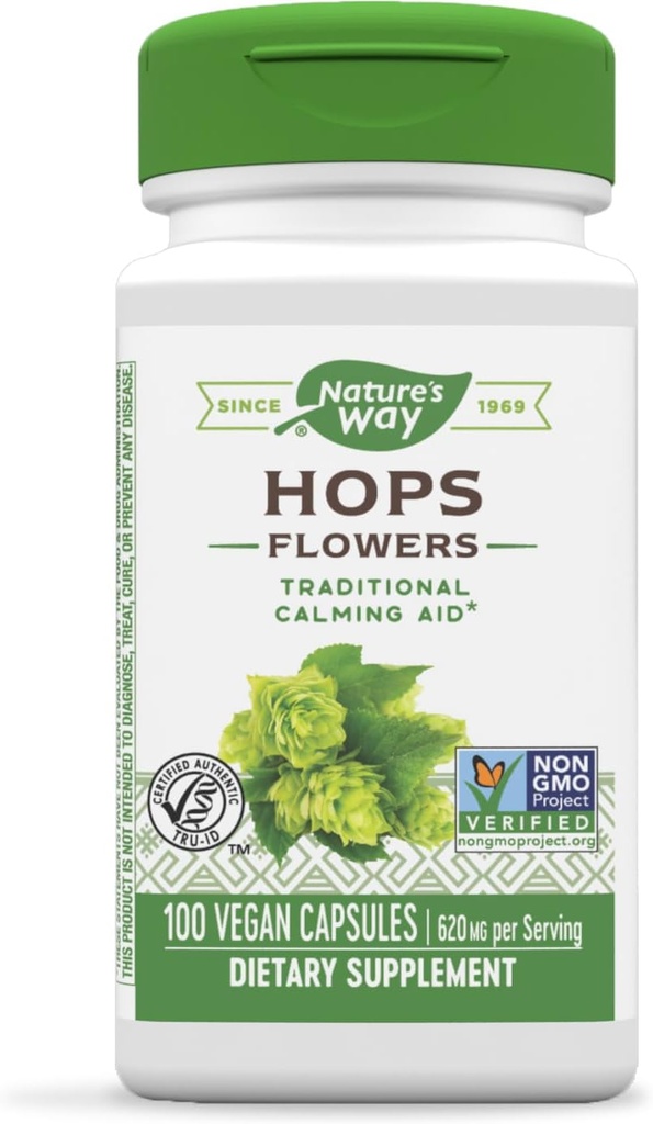 Flores de Camino de la Naturaleza - Ayuda Tradicional de Calmación* - 620 mg Hops Flores por servicio de 2 cápsulas - Suplemento Herbal - Vegan, Gluten Gratis - 100 cápsulas