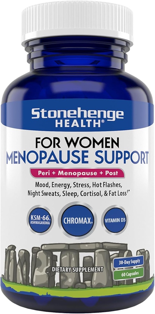 Stonehenge Health for Women Menopause Support for Peri + Menopause + Post - Mood, Energy, Stress, Hot Flashes, Night Sweats, Sleep & Cortisol, Chromax Chromium, Vitamina D3, KSM-66 Ashwagandha Extract