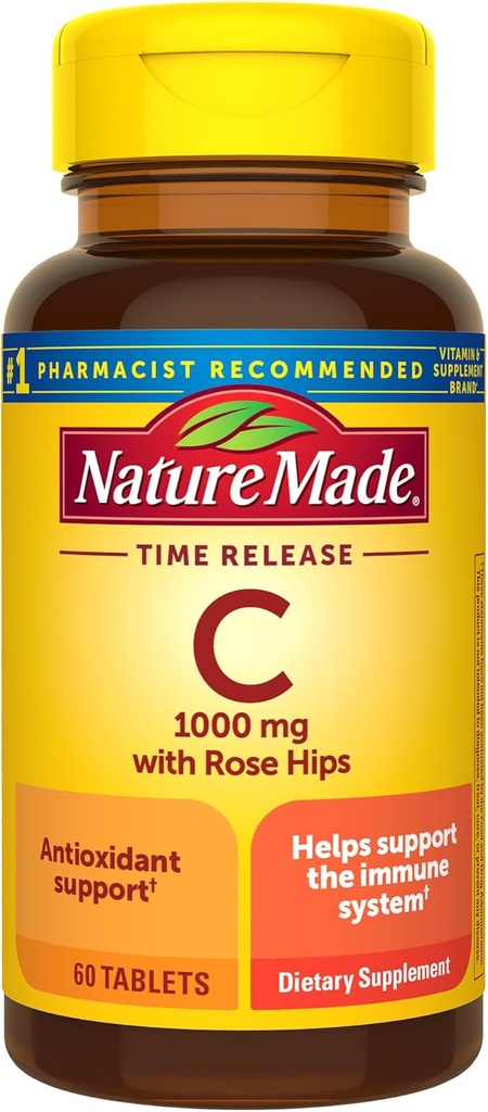 Nature Made Vitamina C 1000 mg con Rose Hips, Suplemento dietético para Immune Support, 60 Tablas de liberación del tiempo, 60 Day Supply