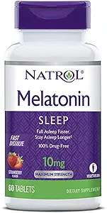 Natrol Melatonina Durmiente Máxima Fuerza disuelve rápido Sabor de fresa 10 mg 60 Tabletas (Pack of 3)