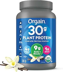 Orgain Organic 30g Vegan Plant Protein Powder, Vainilla, 9g EAAs + BCAAs, High Plant Protein, 4g Prebiotic + Fiber, 1g Sugar, Pre-Workout, Muscle Support + Recovery - 2.01lb (Packaging May Vary)